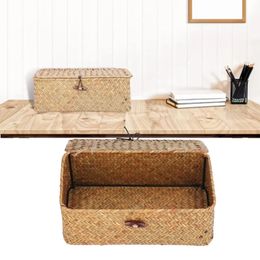 Handmade Storage Shelf Basket with Lid Rectangular Seagrass Rattan Woven Makeup Organiser Multipurpose Container Natural Box 240415