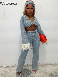 Women's Two Piece Pants Waterarea Fashion Denim Set Tassel Long Sleeve Crop Jean Jackets And With Scarf 2Piece Outfit Tracksuit