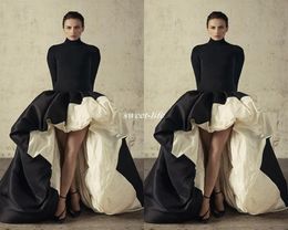 African HighLow Long Sleeves Evening Dress High Neck Black and Ivory Prom Dresses Ruffles Taffeta Formal Party Gowns Ball Gown5992024