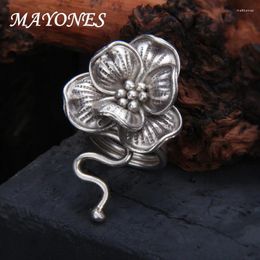 Cluster Rings S925 Sterling Silver Thai Handmade Flower Ring With Retro Exaggerated Design And Adjustable Open Index Finger