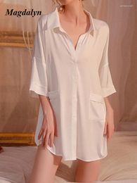 Party Dresses Magdalyn Women Sexy Lace Patchwork Satin Shirt Dress Sleepwear Nightie Fashion Ins Sheer Turn-down Collar Solid Loose