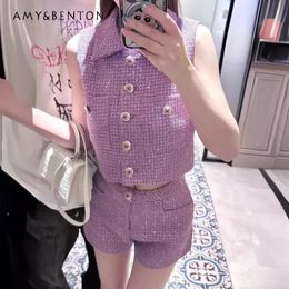 Purple Small Fragrance Skirt Sets Women Summer High-Grade Elegant Socialite Sleeveless Vest Wide-Leg Pants Two-Piece 240425