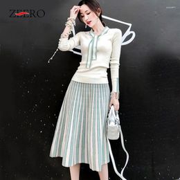 Work Dresses Autumn Knitted 2 Piece Set Women Striped Bow Neck Sweater Pullover Top Midi Pleated Skirt Winter Korean Casual