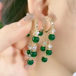 Stud Korean Luxury Green Opal Tassel Earrings for Women Vintage Temperament Crystal Hoop Earring Bride Wedding Party Jewellery Gift
