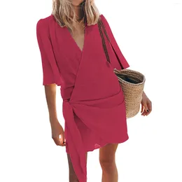 Casual Dresses Women'S Short Sleeve Dress Cross V Neck Solid Colour Spring And Summer Midi