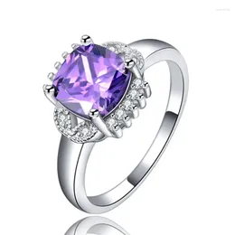 With Side Stones Huitan Wedding Anniversary Ring Cushion Shape Purple Cubic Zirconia Christmas Gift Fashion Cocktail Party Rings For Women
