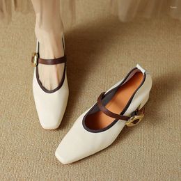 Dress Shoes Spring/Summer Women Pumps Split Leather For Square Toe Chunky Heels Concise Mary Janes Buckle Black