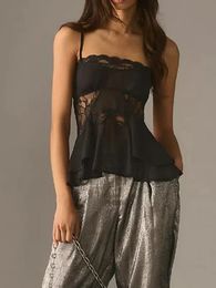 Women s Slim Lace Cami Tops Mesh Sheer Spaghetti Strap Vest Layered Hem Cropped Camisole 240423