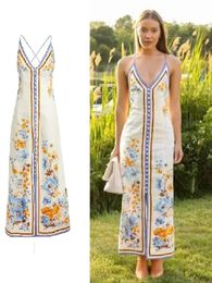 Sexy Flower Print Sling Beach Dress Women Fashion V-neck Sleeveless Backless Female Midi Dresses 2024 Spring Summer Empire Female Chic Vacation Beach Lady Robes