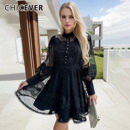 Casual Dresses CHICEVER Solid Hollow Out For Women Stand Collar Long Sleeve Single Breasted High Waist Embroidery Mini Dress Female