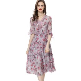 Women's Runway Dresses V Neck Half Sleeves Printed Floral Elegant High Street Casual Vestidos