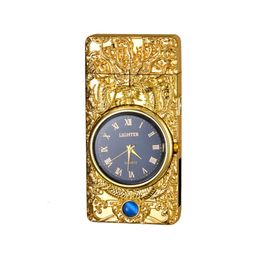 Electronic Arc Usb Rechargeable Lighter Engraved Gold Dragon Design Plasma Lighter With Clock