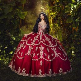 Red Shiny Quinceanera Dresses Off the shoulder Appliques Lace Beads Tull Sweet 15 Birthday Party Dress vestidos 15 de