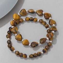 Strand 2PCS/Set Tiger Eye Heart Shape Beads Bracelets Natural Stone Rose Quartzs Malachites For Women Men Lovers Jewelry Gift