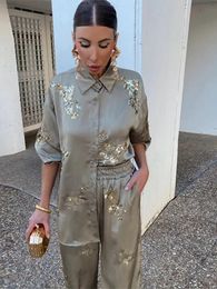 Fashion Casual Sequinned Shirt Suit For Women Chic Lapel Long Sleeves Top Elastic Waist Long Pants Set Spring Lady Elegant Suits 240418