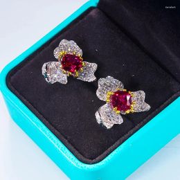 Stud Earrings QINHUAN Emerald Ruby Flower Petal Studs S925 Sterling Silver Gemstone Luxury Fine Jewellery For Women Party Gift