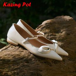 Dress Shoes Krazing Pot Sheepskin Pointed Toe Women Summer Modern Street Wear Low Heels British School Buckle Straps Bowtie Mary Janes Pumps