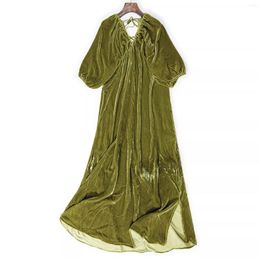 Party Dresses Pure Silk Made Pleuche Dress Women Vintage Raglan Lantern Sleeve V-Neck Lacing Back Pockets Split Ends A-Line Velvet Clothing