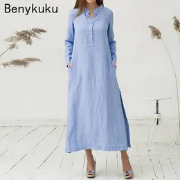 Casual Dresses 2024 Spring Loose Stand Up Collar Long Sleeve Shirt Dress Vintage Cotton Linen Midi Blue Women's Korean Clothing