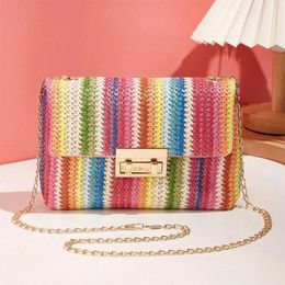 Bag Multi Colored Striped Straw Clutch Handbag For Women Casual PU Leather Weave Summer Beach Purse Crossbody Shoulder Messenger