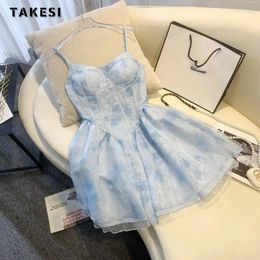 Party Dresses Women Strapless Sexy Backless Blue Print Suspender 2024 Summer Beach Style Slim Fit Sweet Chiffon Club Dress