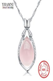 YHAMNI Luxury Solid 925 Sterling Silver Pink Gem Crystal Pendant Necklace Natural Stone Water Drop Necklace For Women DZ0569105058