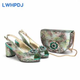 Dress Shoes Green Color Mature Pumps African Women Matching And Bag Set With Snake Pattern Design High Quality Sandals For Party
