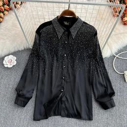 Women's Blouses Spring Flash Rhinestone Lazy Loose Slimming Fashionable Single-Breasted Shirt Women Chic Long-Sleeved Top