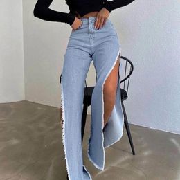 Women's Jeans Y2k High Waist Straight Double Side Slit Women 2024 European American Streetwear Fashion Babes All-Match Trousers