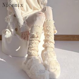 Women Socks Autumn/Winter Japanese JK Warm Mid Tube Cute Lace Lolita Leg Covers Knitted Ball Pile Calf Warmers