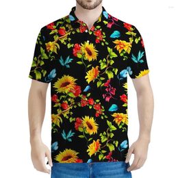 Men's Polos Vintage 3D Printed Sunflower Polo Shirt For Men Flower Graphic Short Sleeves Streetwear Lapel T-shirt Women Summer Button Tees
