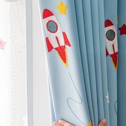 Cartoon Rocket Spaceship Printed Curtain for Kids Children Boy Blackout Nursery Blue Outer Space French Window Blinds zh416C 240429