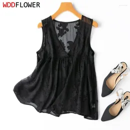 Women's Tanks Women Silk Tank Top Mulberry Embroidery Loose Type Thin Black Colour V Neck Vest Sleeveless Summer Beach M1124