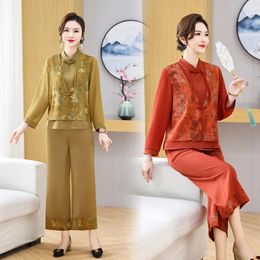 Women's Two Piece Pants Mother's Spring National Style Suit 2024 Top Wide Leg Female Middle-aged Elderly Fashion Two-piece Set 5XL