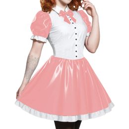 Short Sleeve Cosplay Student Mini Dress PVC Turn-down Collar With Bow Preppy Style Uniforms A-line Dress With Front Buttons 7XL