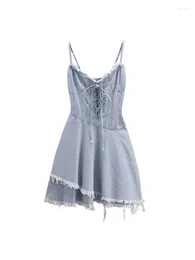 Party Dresses 2024 Summer Sexy Sweet Backless V-Neck Lace-up Denim Suspender Vestido Women Y2K Slim Fit High Waist Tassels Skirt