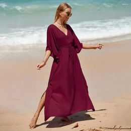 Spring Summer Beach Smock Rayon Waist Drawstring Holiday Gown Bikini Sunscreen Shirt Women Coat Wine Red