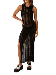 Casual Dresses Women Hollow Out Knit Maxi Dress See Through Sleeveless Crew Neck High Slit Beach Swimwear Cover Up