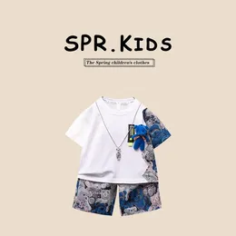 Clothing Sets 2024 Summer Toddler Boy 2PCS Clothes Set Cotton 3D Bear Spliced Printing Short Sleeve Top Korean Loose Cartoon Little Outfit