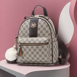 Factory outlet women shoulder bag lightweight wear-resistant printed contrast leather leisure travel backpack sweet and lovely fur ball pendant fashion handbag