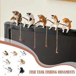 7pcsset Resin Cat Fishing Figurines Cute Aquarium Ornament Fish Tank Scene Landscaping Decor Home Tabletop Statue Decoration 240429