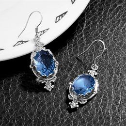 Hoop Earrings Tribal Water Drop Navy Blue Stone Womens Jewelry Antique Silver Color Long Teardrop Hook Dangle Female