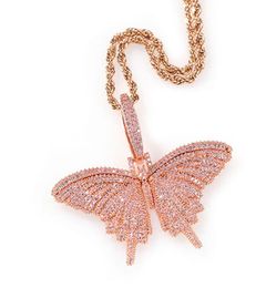 Iced Out Pink Butterfly Pendant Necklace Small Size57x51CM Men Women Diamond Gold Silver Hiphop Jewelry with 24inch rope chain4333044