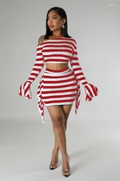 Work Dresses Streetwear Striped 2 Piece Sets Womens Outfits Spring Y2K Clothes Flare Sleeve Crop Top Skirts Women Two Dress