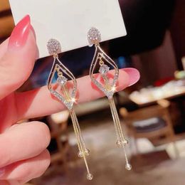 Dangle Chandelier Korean Fashion Long Tassel Drop Earrings For Women Luxury Crystal Zircon Gold Colour Hollow Geometric Pendant Earrings Jewellery