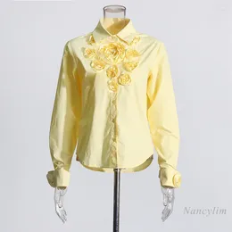 Women's Blouses Elegant Stitching Flower Decorative Yellow Shirt For Women 2024 Lapel Casual Versatile Blouse Top Buttons Blusas