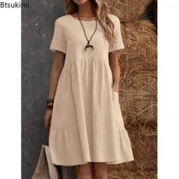 Casual Dresses 2024 Women' Oversize Summer Sundress Elegant O Neck Short Sleeve Solid Kaftan Dress Loose Knee-length Vestido Robe Femme