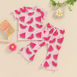 Clothing Sets Children Clothing Kids Girl Summer Floral/Watermelon Print Short Sleeve T-Shirts Elastic Flare Pants Sets Clothes