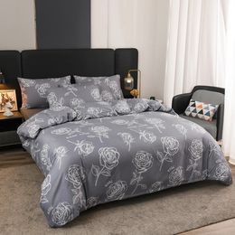Duvet Cover Set Polyester Floral Grey Botanical Soft Luxury Design with Leaves and Pillow Bedding Double King Queen Size 240420