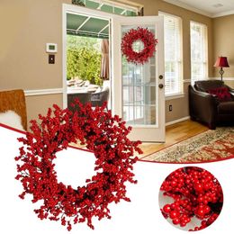 Decorative Flowers Artificial Red Berry Wreath For Front Door 15.74 Inch Christmas Twig Berries Winter Bows Wreaths